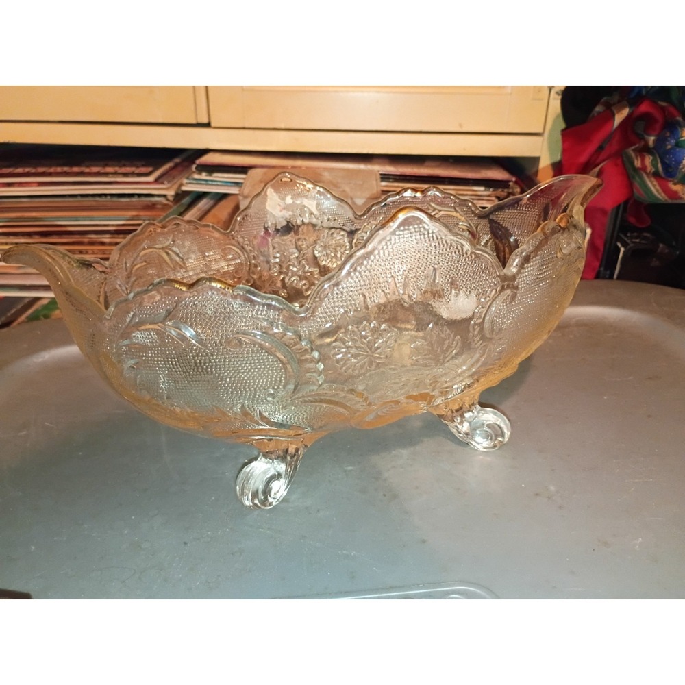 Vintage Jeanette Gold-Trimmed Oval‎ Fruit Bowl Lombardi 4-Footed Leaf Design 10"